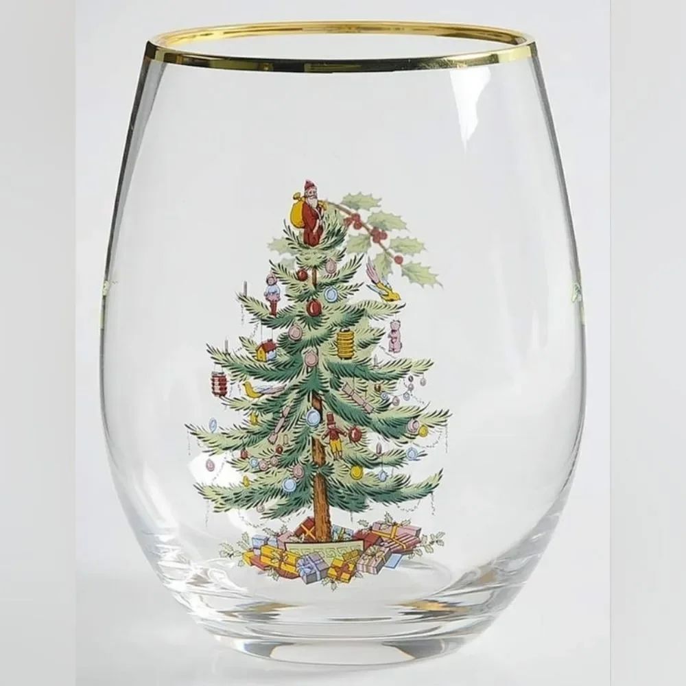 Spode Christmas Tree Stemless Wine Glass with Gold Rim
